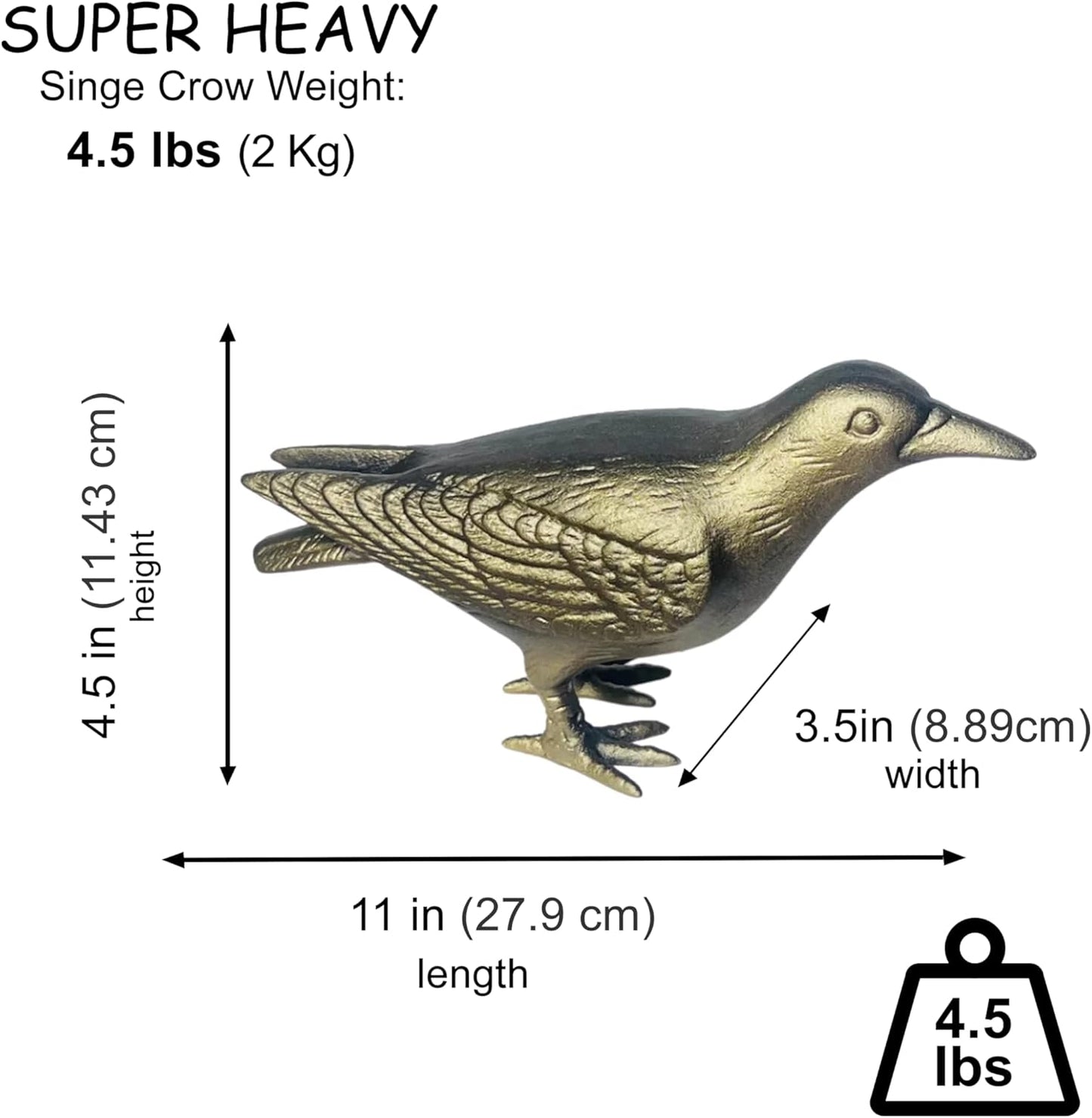 NACH Crow Decor, 4.5 x 11 x 3.5 inch, Cast Iron Antique Gold Raven Statue, Raven Decor for Outside - Head Up Crow Statue