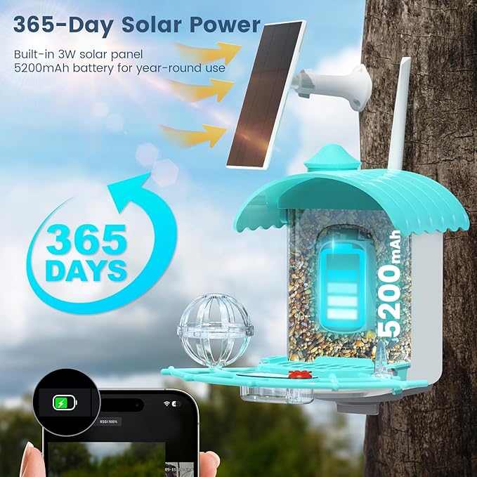 Smart Bird Feeder with Camera, AI Identify Birds Species Solar Powered, 2K HD Video Bird House with Camera, Instant Arrival Alerts, Waterproof Squirrel Proof, Gift for BirdLovers, 2.4GHz WiFi, Blue