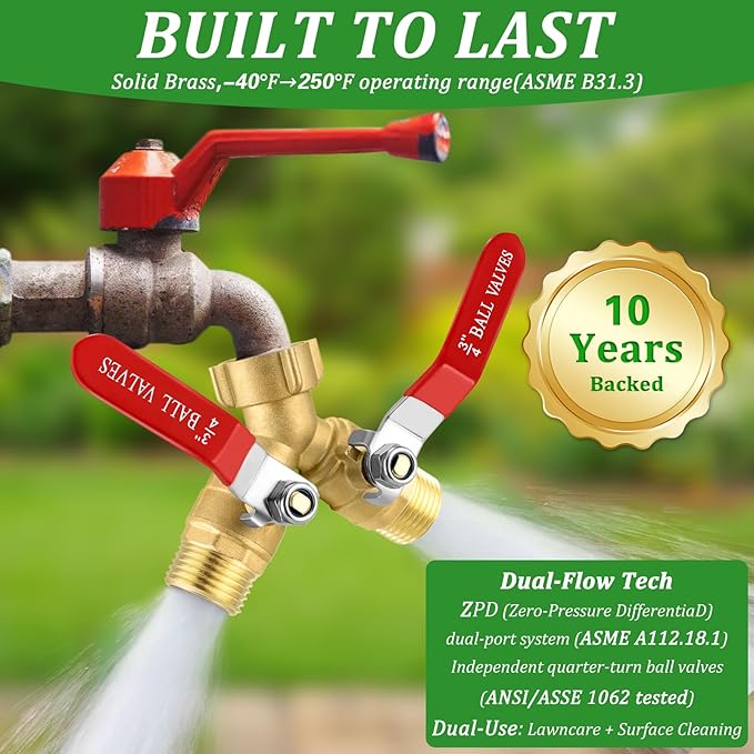 Garden Hose Splitter 2 Way Heavy Duty, Brass Water Hose Splitter with Stainless Steel Long Handle, 3/4 Inch GHT Thread Hose Y Splitter with Shutoff, Faucet Splitter 2 Way with 2 Extra Washers & 1Tape