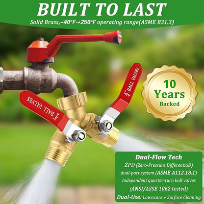 Garden Hose Splitter 2 Way Heavy Duty, Brass Water Hose Splitter with Stainless Steel Long Handle, 3/4 Inch GHT Thread Hose Y Splitter with Shutoff, Faucet Splitter 2 Way with 2 Extra Washers & 1Tape