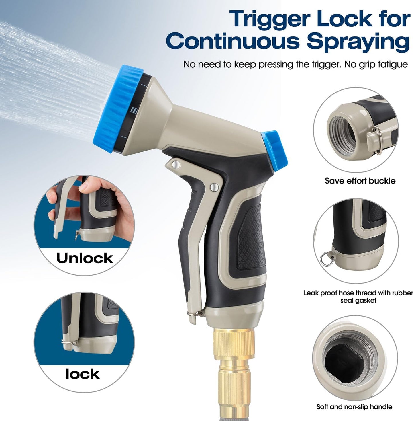 Garden Hose Nozzle - Heavy Duty Metal Water Hose Nozzle, High Pressure Water Nozzle with 9 Adjustable Spray Patterns for Watering Plants, Lawn, Washing Cars, Cleaning & Showering Pets