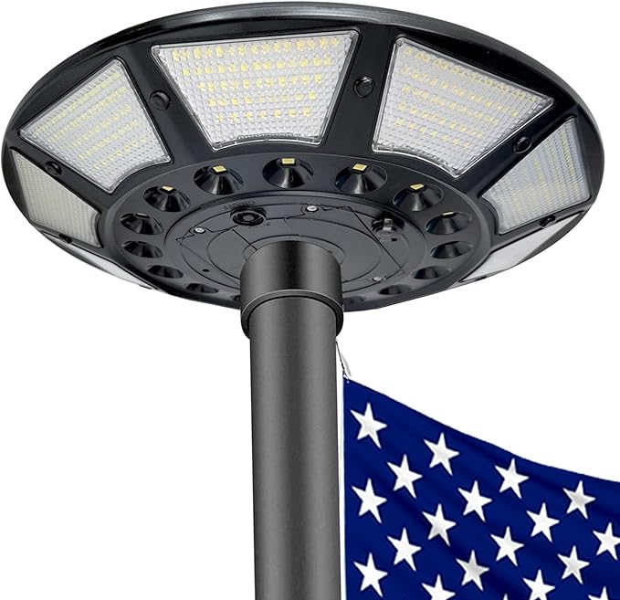 Flag Pole Light Solar Powered 566 Ultra Bright 6000K White LED Lights with DC Charge Port Full Coverage for 5’x8’ Flags 20 Hrs of Illumination Outdoor Dusk to Dawn Fits 15-40 ft Flagpoles