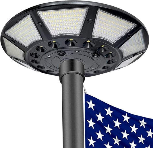 Flag Pole Light Solar Powered 566 Ultra Bright 6000K White LED Lights with DC Charge Port Full Coverage for 5’x8’ Flags 20 Hrs of Illumination Outdoor Dusk to Dawn Fits 15-40 ft Flagpoles