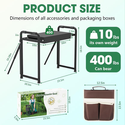 Heavy Duty Garden Kneeler and Seat for Elderly, 400lbs Capacity Foldable Gardening Stool with Support Legs & Thick Pad, Includes Large Tool Organizer Bag, Black