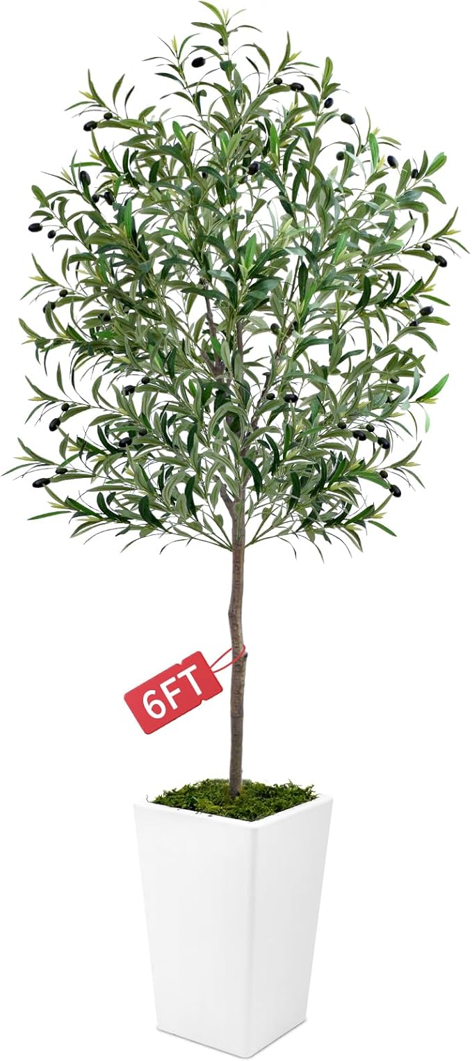 Olive Trees Artificial Indoor 6ft, Tall Faux Silk Plant with Pot, Realistic Leaves and Natural Wood Trunk Fake Trees with Lifelike Fruits for Home Office Decor Bedroom Livingroom Entryway Housewarming