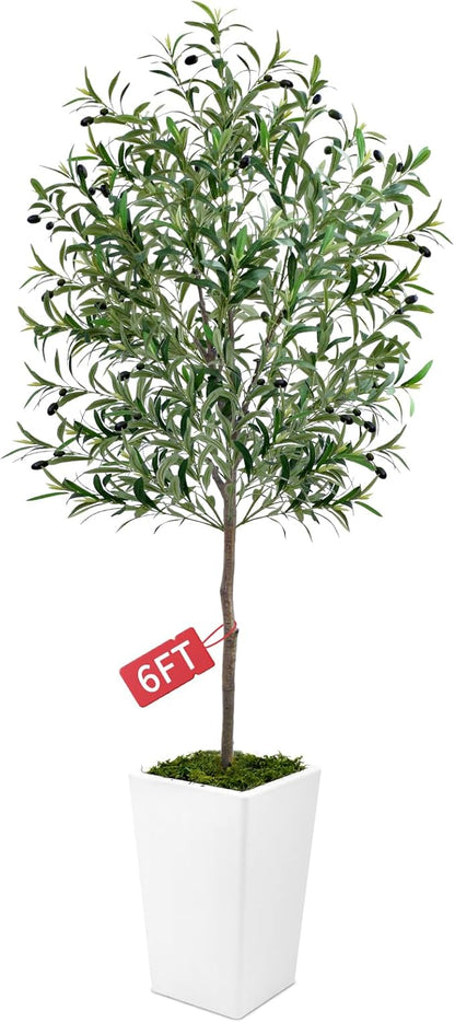 Olive Trees Artificial Indoor 6ft, Tall Faux Silk Plant with Pot, Realistic Leaves and Natural Wood Trunk Fake Trees with Lifelike Fruits for Home Office Decor Bedroom Livingroom Entryway Housewarming