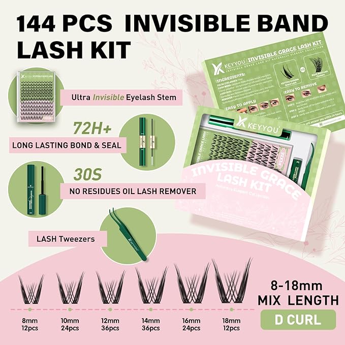 KEYYOU Pixie Lash Clusters Kit Fairy Lash Extension Kit D Curl 144Pcs Eyelash Extension Kit Wispy Natural Invisible Band Lash Kit with Waterproof DIY Lash Extension Kit at Home(Pixie-D-10-16MIX)