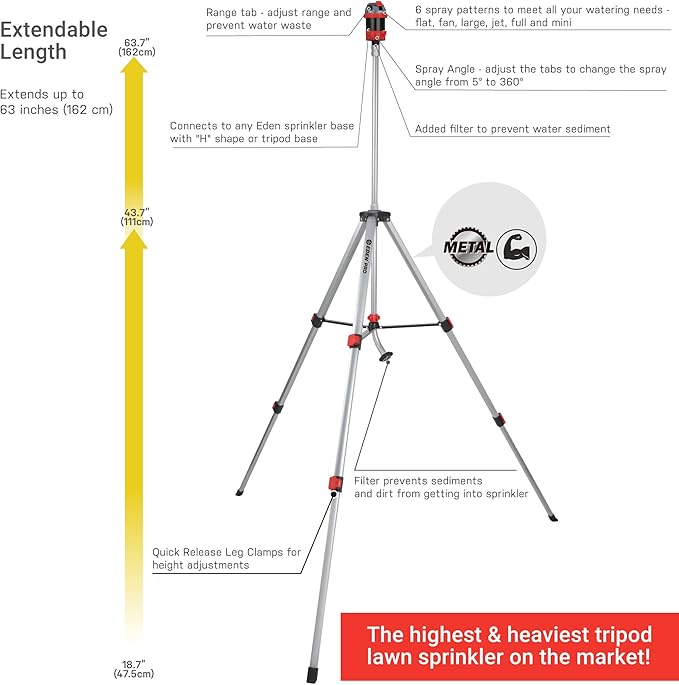 Eden 94156 PRO Metal Telescoping Tripod Adjustable 6-Pattern Mobile Rotary Gear Drive Garden Sprinkler for Yard W/Premium Quick Connect Starter Set
