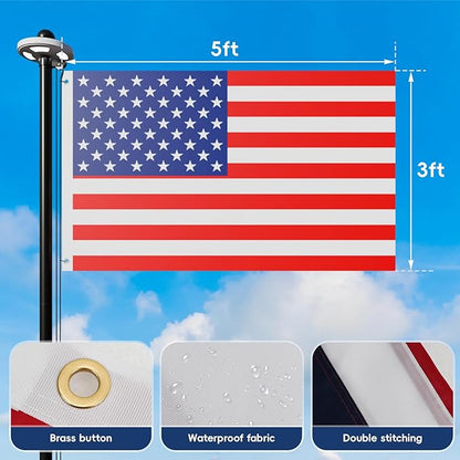 16FT Flag Pole with Solar Light Thick Aluminum Heavy Duty Flag Pole Kit 100MPH Wind Tested, Includes 2PCS 3x5 US Flag for Outdoor Use