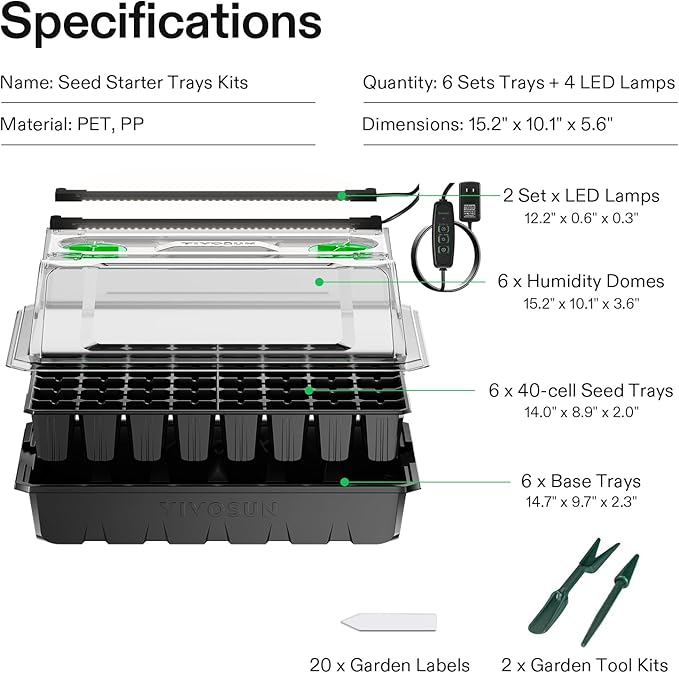 VIVOSUN 6-Pack Seed Starter Trays, 240-Cell Seed Starter Kit with 2 Set of LED Lights, 3.6" Higher Cover, Adjustable Vents, Drainage Holes, Green Propagation Tray for Planting Seed, 40 Cells x 6 Packs