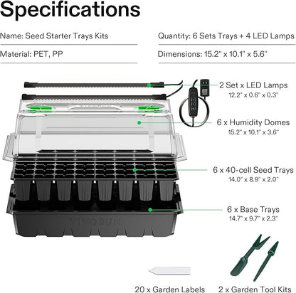 VIVOSUN 6-Pack Seed Starter Trays, 240-Cell Seed Starter Kit with 2 Set of LED Lights, 3.6" Higher Cover, Adjustable Vents, Drainage Holes, Green Propagation Tray for Planting Seed, 40 Cells x 6 Packs