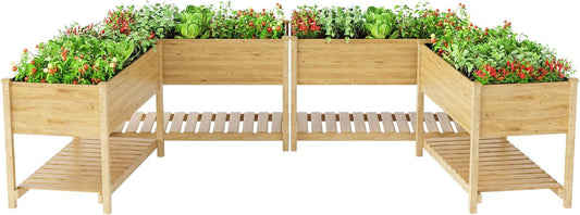 Kullavik 4 pcs Raised Garden Bed with Legs,Outdoor Elevated Cedar Wood Planter Box with Storage Shelf for Vegetables/Flowers/Herbs in Balcony/Backyard/Patio,220lb Capacity-Natural