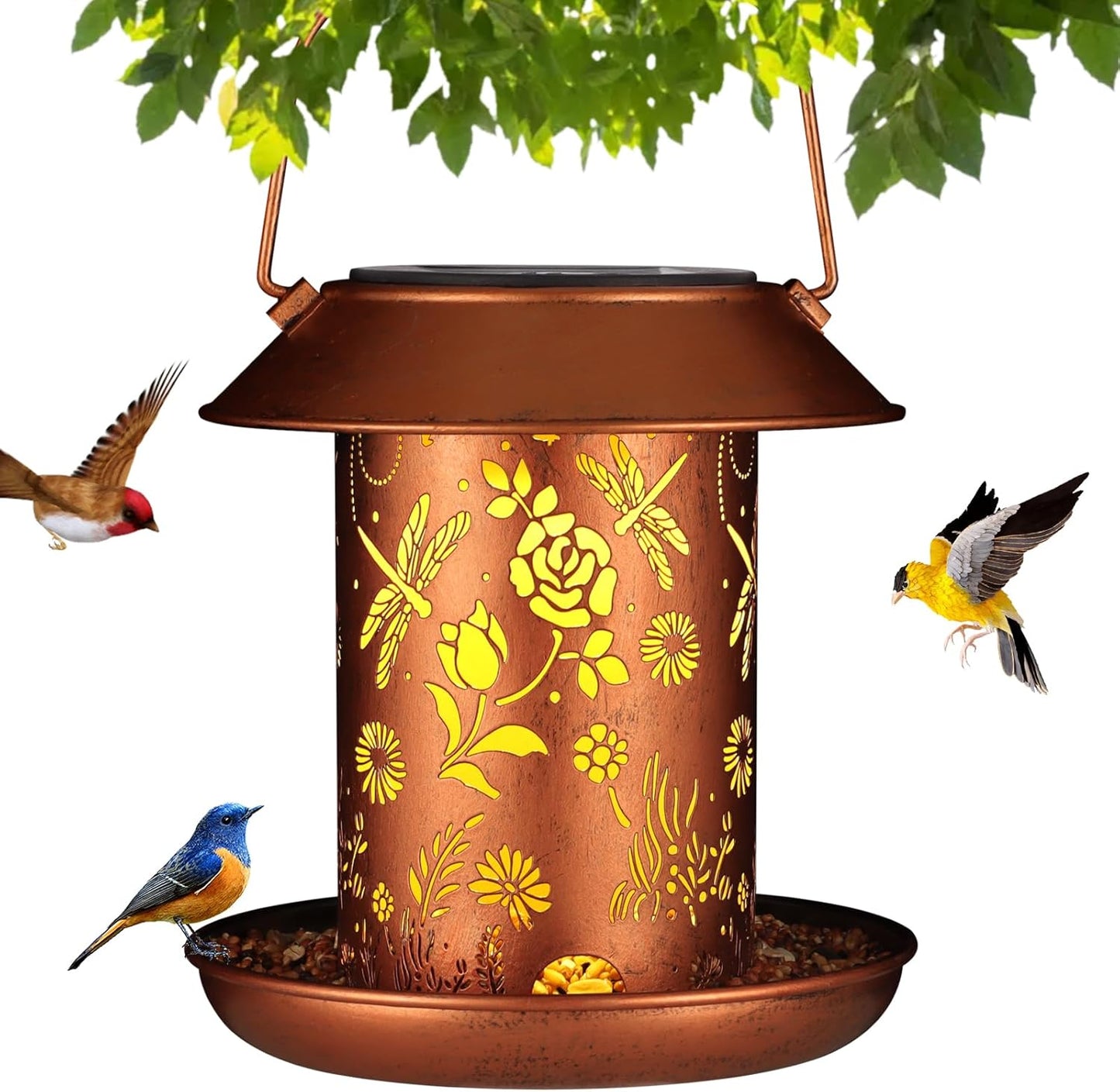 Solar Bird Feeder for Outdoors Dragonfly Solar Lanterns Metal Waterproof Outside Wild Bird Feeders Birthday Gifts for Women Mom Grandma Outdoor Hanging Garden Decor Lights for Yard, Patio,
