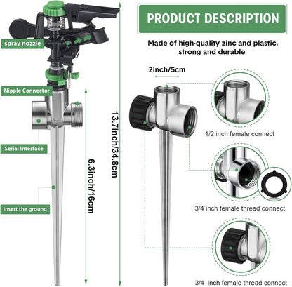 Pulsating Metal Spike Rotating Large Area Impact Sprinkler for Yard Lawn Garden (12, Black and Green)