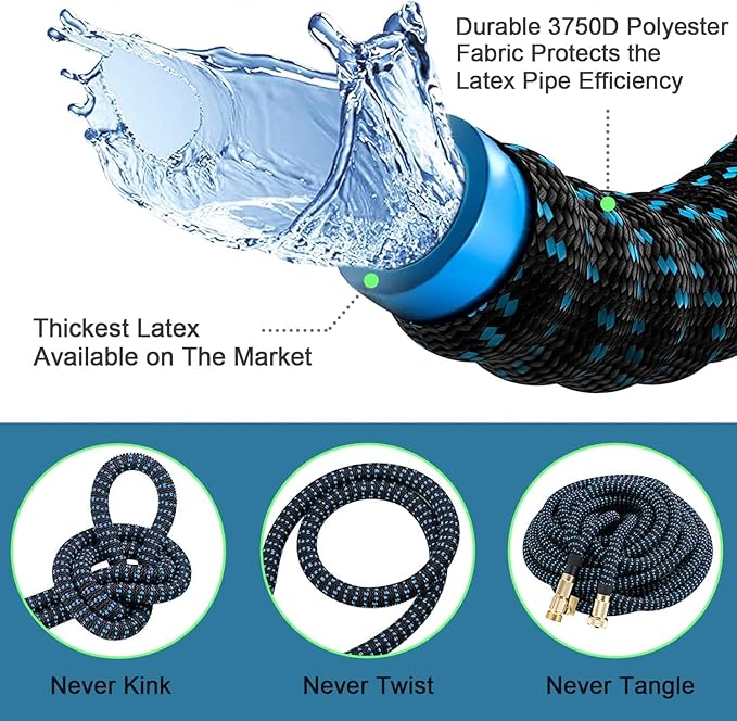 50 ft Expandable Garden Hose - Kink Free Flexible Water Hose with Thumb-Controlled 10-Function Nozzle, 3/4 Solid Brass Connectors, Retractable Latex Core - Lightweight Expanding Hose