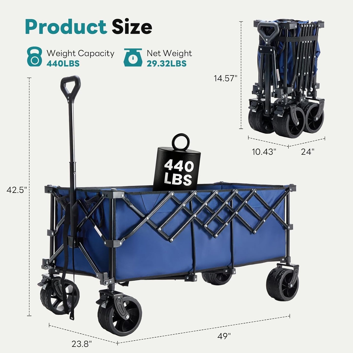 OLIXIS Collapsible Wagon Cart - 440lbs Foldable Extra Long Heavy Duty Utility Wagon with Wheels, Portable Storage Grocery Cart for Camping, Shopping, Sports, Beach, Garden (Blue, 48" L)