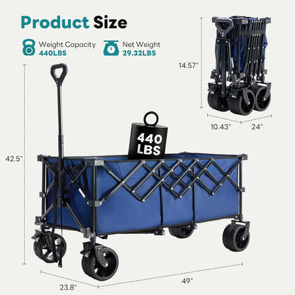 OLIXIS Collapsible Wagon Cart - 440lbs Foldable Extra Long Heavy Duty Utility Wagon with Wheels, Portable Storage Grocery Cart for Camping, Shopping, Sports, Beach, Garden (Blue, 48" L)