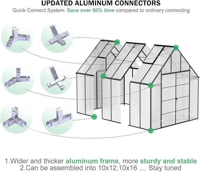 CDCASA 16.5x10.2x10 FT Greenhouse for Outdoors,Easy Assembly Large Polycarbonate Greenhouse Aluminum Greenhouses w/3 Vents Window, Swing Door, Outside Walk-in Green House for Patio, Backyard, Garden