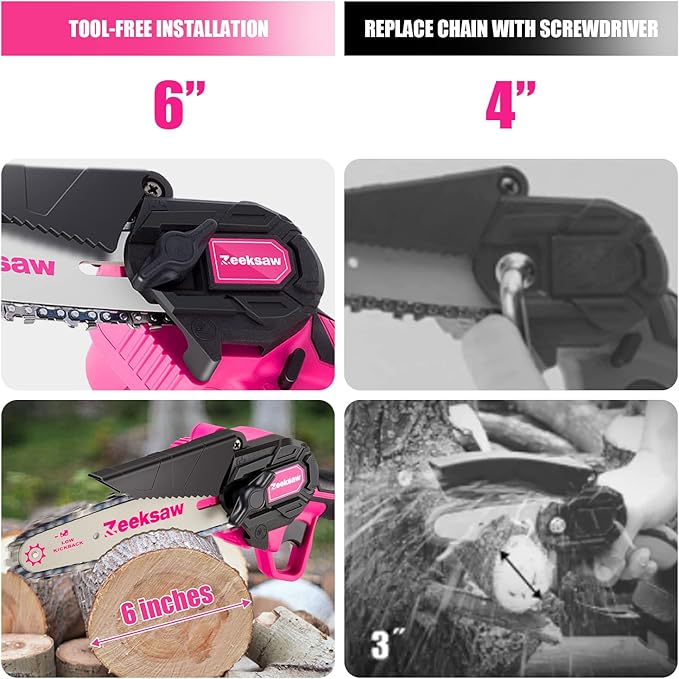 Pink Mini Chainsaw Cordless 6 inch - Electric Hand Held Chain Saw Battery Powered with Power Indicator - Rechargeable Portable Small Chainsaw for Women, Yard Tools Gifts for Gardeners Woman