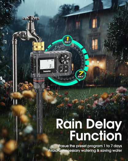Water Timer with Brass Inlet & Outlet for Outdoor Garden Hose, Hose Timer with Rain Delay/Manual Mode, Automatic Drip Irrigation Controller System for Lawn Yard Garden Watering