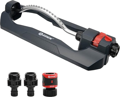 Eden 94106 Turbo Oscillating Sprinkler, Covers Up to 4,000 sq. ft., 18 Precision Nozzles, Weighted Base, Adjustable Range, Flow Control Knob, Quick Connect Bundle, Black, Silver, Red