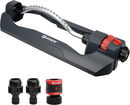 Eden 94106 Turbo Oscillating Sprinkler, Covers Up to 4,000 sq. ft., 18 Precision Nozzles, Weighted Base, Adjustable Range, Flow Control Knob, Quick Connect Bundle, Black, Silver, Red