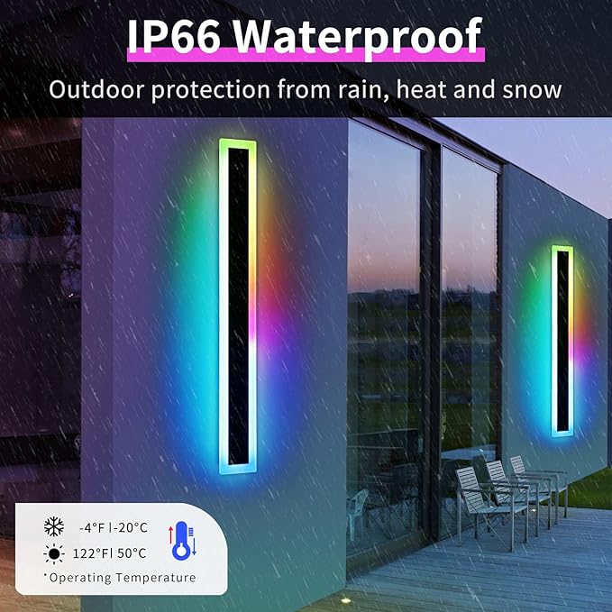 Widened 2 Pack Long RGB LED Wall Lights, 39.3inch Modern Dimmable Outdoor Sconces, 10 Colors, Remote Control, IP65 Waterproof, Garage Wall Mount Lighting Fixtures for Entryway, Yard, Patio