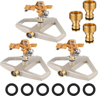 3 Sets Sprinklers for Yard Pulsating Impact Sprinkler with Metal Base Heavy Duty Adjustable Hose for Lawn Large Area Garden (Silver)