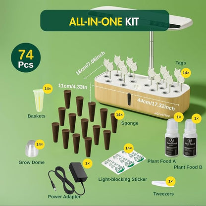 Hydroponics Growing System Kit, Indoor Herb Garden, 14 Pods Upgraded LCD Display, LED Grow Light Quiet Smart Water Pump Automatic Timer, Hydroponic Planter for Home Kitchen Office