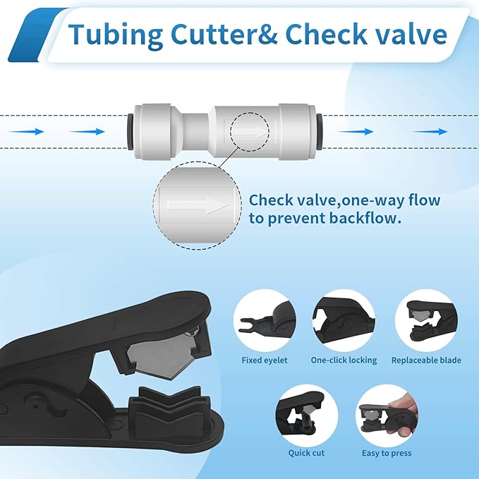 26Pcs 1/4" Quick Connect Water Line Fittings Kit, Push to Connect Fittings (Ball Valve, Check Valve, T, L, Y, I & Professional Tubing Cutter) for RO/DI, Refrigerator, Ice Maker