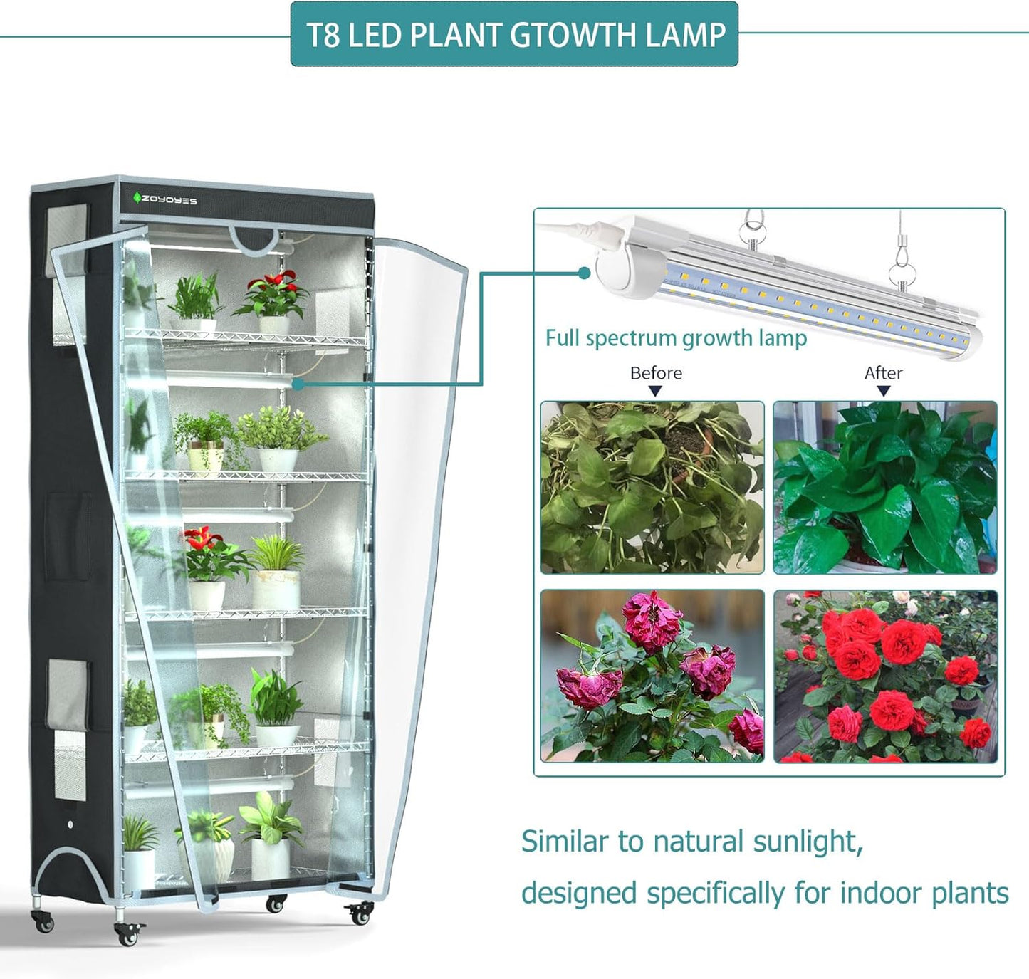 Plant Shelf Greenhouse with Grow Light, 6-Tiered Plant Stand with 5 Sets T8 Grow Lights and Cover, Thermometer, Timer, for Seedling Cultivation Reproduction Flowering, 30" L x 14" W x 72" H