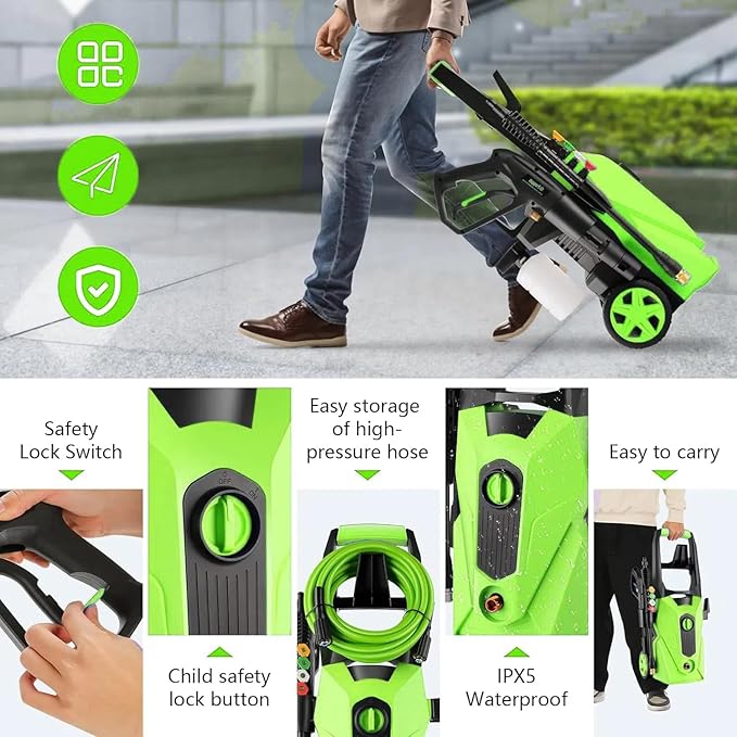 Pressure Cleaner 5000 PSI 2.8 GPM High Power Cleaners with 33ft Pressure Hose, 4 Nozzle and Foam Cannon, for Home, Cars, Fences, Patio (Green)