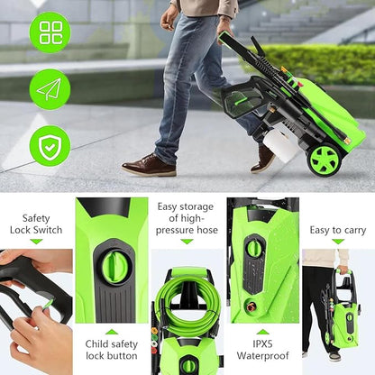 Pressure Cleaner 5000 PSI 2.8 GPM High Power Cleaners with 33ft Pressure Hose, 4 Nozzle and Foam Cannon, for Home, Cars, Fences, Patio (Green)