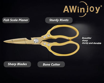 Japanese Gold Kitchen Scissors, Heavy Duty Stainless Steel, Multipurpose Cooking Shears, Dishwasher Safe
