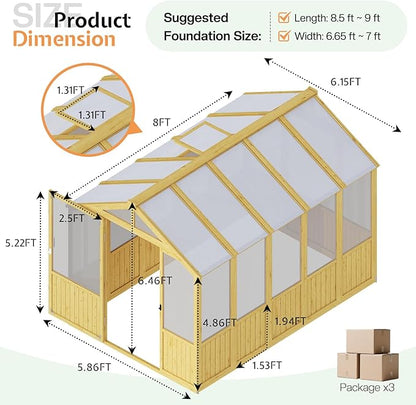 Jocisland 6x8x6.5 Ft Wooden Greenhouse, Pre-Assembled Solid Cedar Frame, Walk-in Design, Lockable Door, Adjustable Roof Vents, Polycarbonate Panels for Outdoor, Garden, Backyard