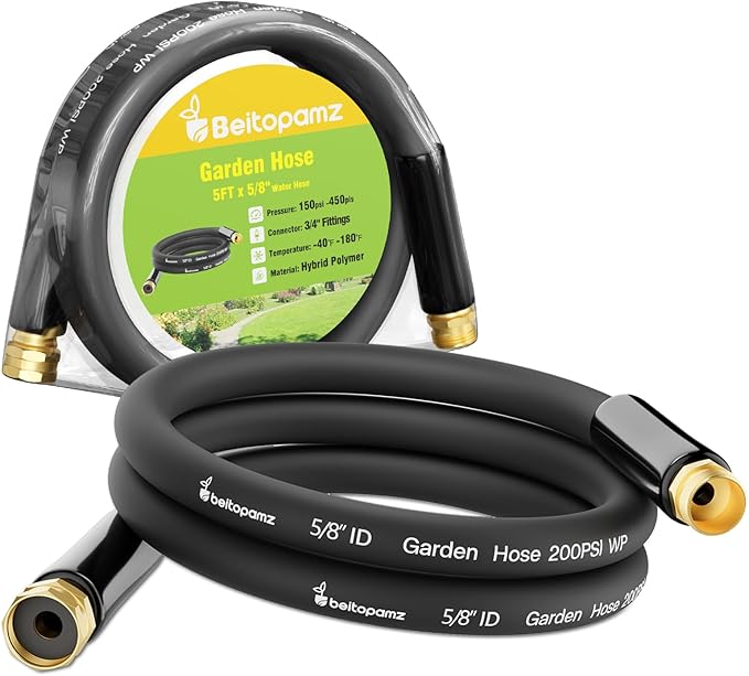 Short Garden Hose 5 ft x 5/8 in Male to Female Heavy Duty Small Water Hose Extend Connector, Lightweight Rubber Hybrid Leader Hose, Leak-Free Connections, BT5B, Black