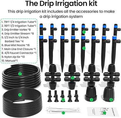 MIXC Drip Irrigation System,Quick Connector Garden Watering System Automatic Sprinkler System Kit for Lawn Raised Bed Greenhouse Plant Watering System (16FT Main Tube+ 79FT 1/4'' Tube)