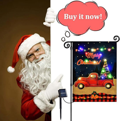 Merry Christmas Lighted Garden Flag, LED Red Truck Flag, Vertical Christmas Flag for Outdoor Yard Garden Lawn Decoration