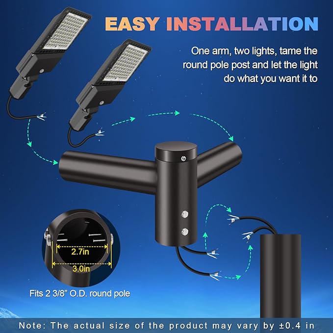 LEDMO 90° Tenon Adaptor with 2 arms, Double 2-3/8" Round Slip Fitter Bracket, Lighting Mounting Heavy Duty Extension Round Pole for Parking Lot Area Light Street Floodlight Solid Rustproof