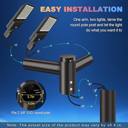 LEDMO 90° Tenon Adaptor with 2 arms, Double 2-3/8" Round Slip Fitter Bracket, Lighting Mounting Heavy Duty Extension Round Pole for Parking Lot Area Light Street Floodlight Solid Rustproof