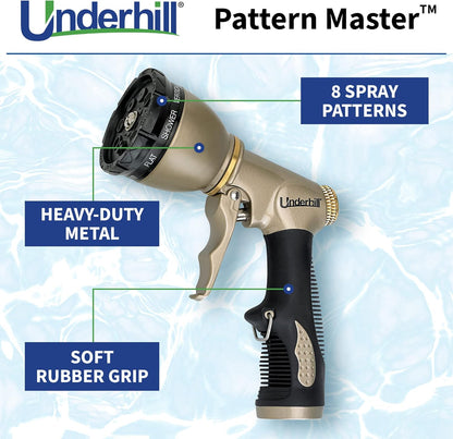 Underhill Pattern Master Gold Series Garden Water Hose Gun Nozzle Sprayer Head, 3/4-Inch Thread Inlet, Jet Attachment, Heavy-Duty Adjustable, NG200-8S