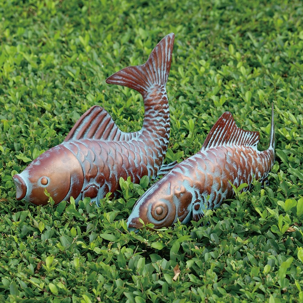 Metal Koi Fish Sculptures, Outdoor Garden Sculptures & Statues, Antique Copper Koi Pond Decor, Set of 2 Koi Fish Figurines Artwork, Garden Statue for Indoor Outdoor Patio Backyard Home Kitchen