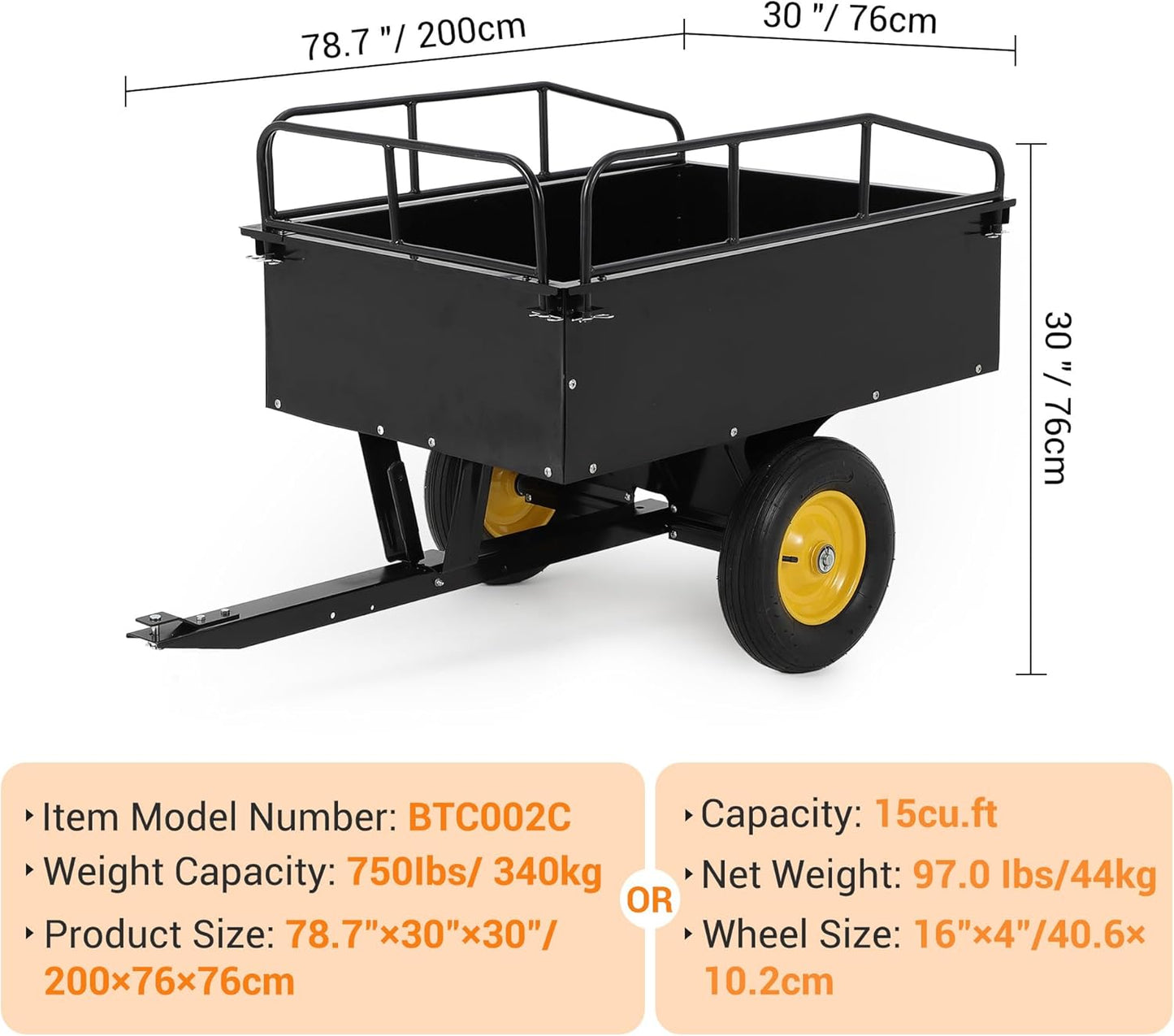 Garvee Heavy Duty Tow Behind ATV Trailer Steel Dump Cart 500 LB, 10-Cubic Feet Capacity Garden Utility Trailer with Removable Tailgate for Riding Lawn Mower Tractor