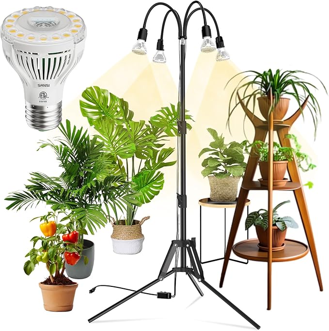SANSI Grow Lights for Indoor Plants, 40W Full Spectrum LED Plant Lights, 4 Head 35"-64" Adjustable Tripod Standing Plant Lights for Indoor Growing, 4 Pack of Par20 10W Bulb Non-Dimmable Grow Light