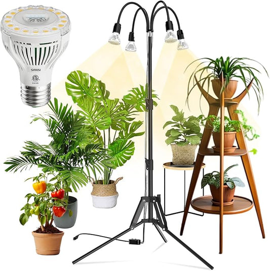 SANSI Grow Lights for Indoor Plants, 40W Full Spectrum LED Plant Lights, 4 Head 35"-64" Adjustable Tripod Standing Plant Lights for Indoor Growing, 4 Pack of Par20 10W Bulb Non-Dimmable Grow Light