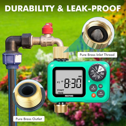RESTMO Sprinkler Timer with Brass Inlet & Outlet, 3 Separate Programs Hose Timer, Programmable Water Timer for Garden Hose, Manual | Rain Delay | Automatic Watering System for Drip Irrigation and Lawn