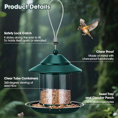 Metal Roof Bird Feeder, Hanging Bird Feeders for Outdoors with 2LB Clear Tube Seed Capacity for Viewing Cardinal Finch, 360° Feeding Wild BirdFeeders for Outside Garden Yard Decoration