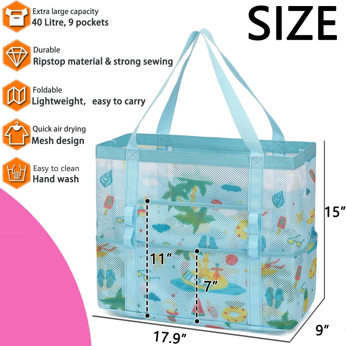 Mesh Beach Bag, Large Beach Tote with Zipper Pocket for Family Pool Bag for Toys & Vacation Essentials