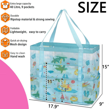 Mesh Beach Bag, Large Beach Tote with Zipper Pocket for Family Pool Bag for Toys & Vacation Essentials