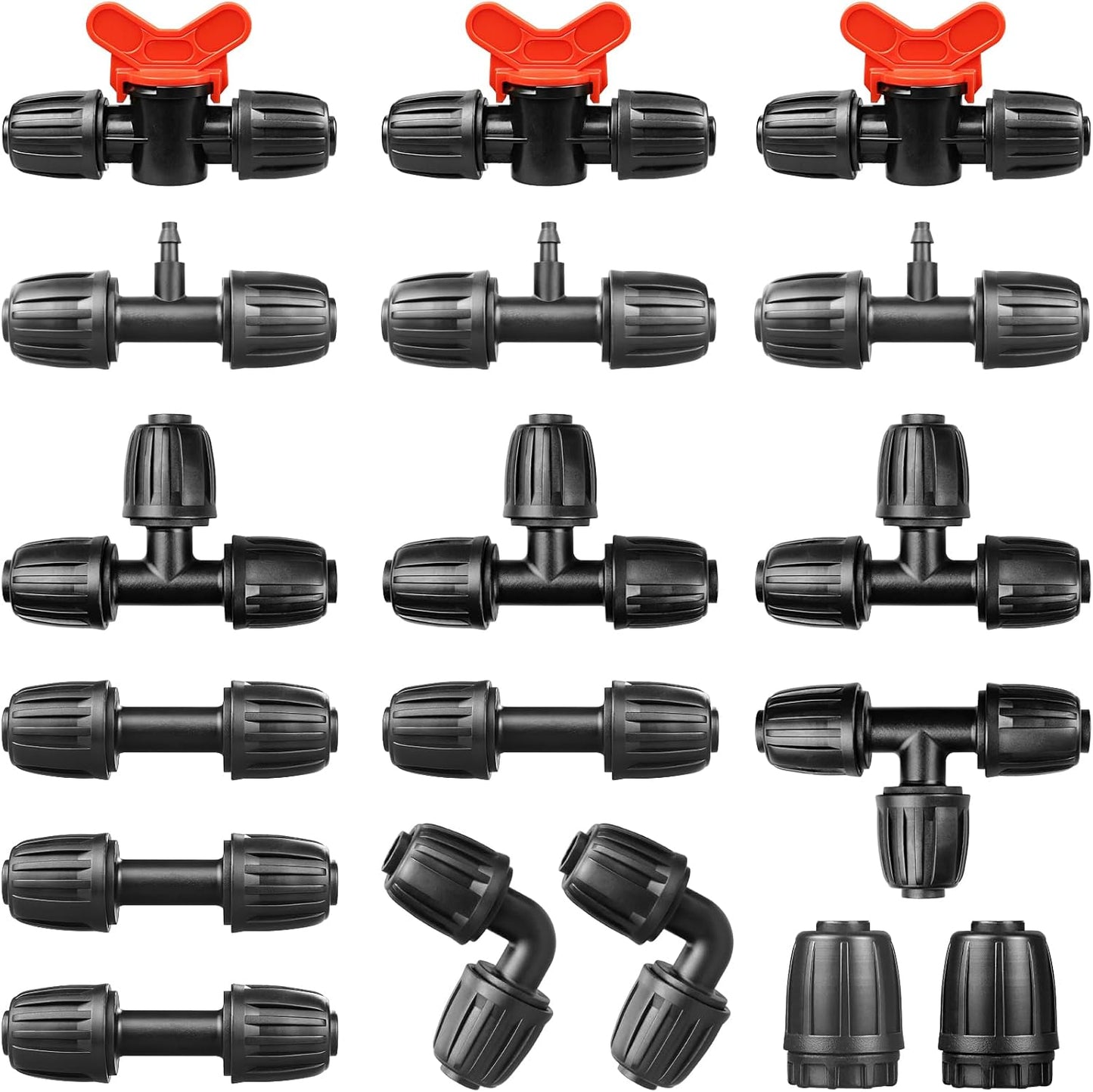 Drip Irrigation Fittings Kit for 1/2 Inch Tubing：1/2'' Drip Line Anti-Drop Barbed Locked Nut Connectors 18 Pieces Set Include 4 Couplings 4 Tees 2 Elbows 3 Valves 3 Reducing Tee 2 Plugs